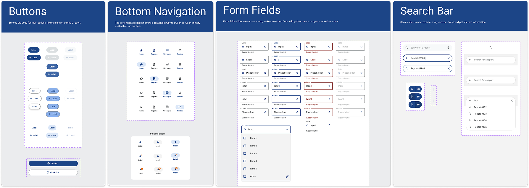 Mobile component library showing report cards, status states, availability toggles, and alert patterns